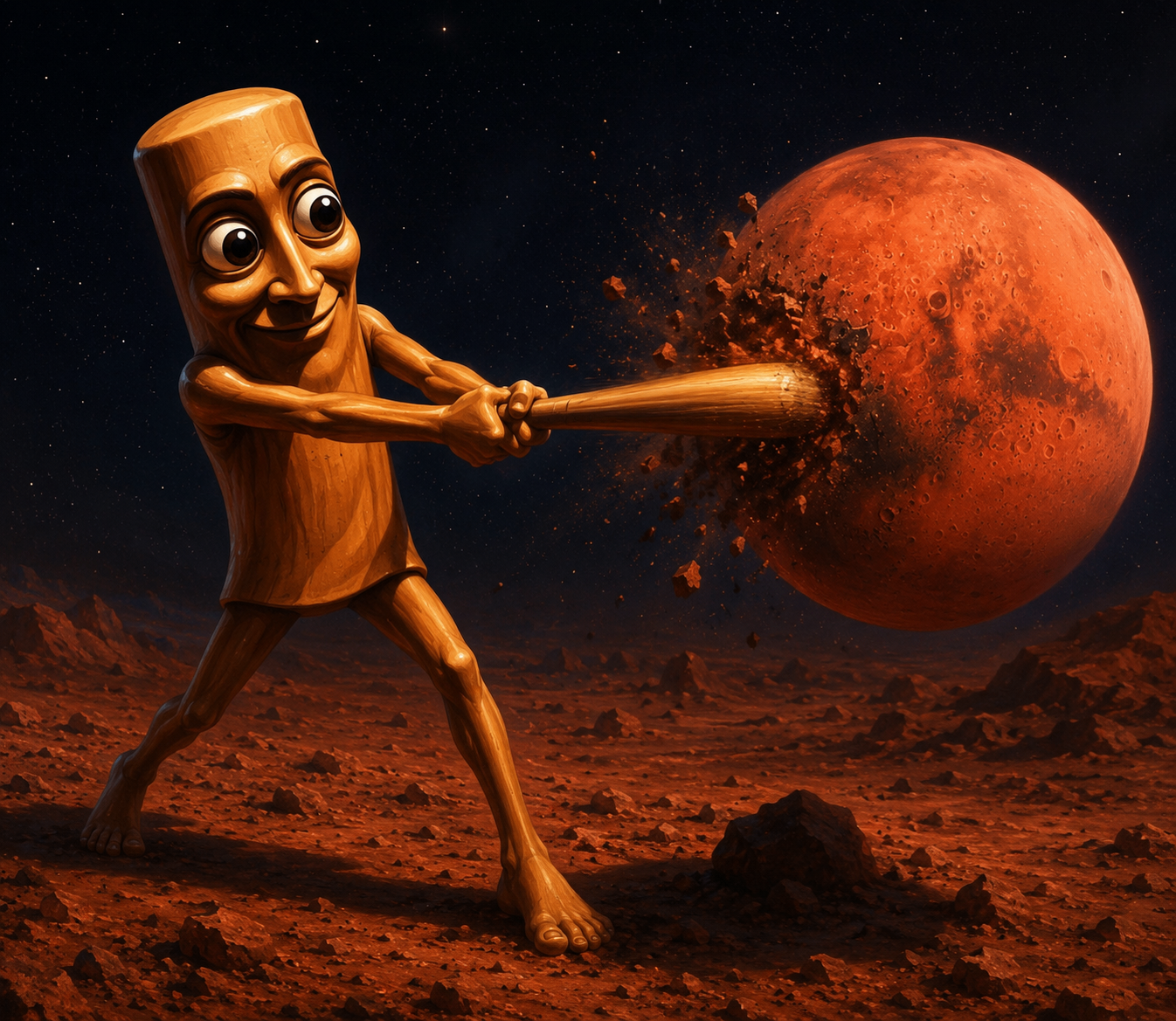 Triple T swinging a wooden bat at the planet Mars, shattering it on impact